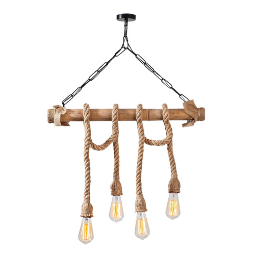 Loane - Suspension Rustique Filaire 4 Lampes Cordes Et Bois