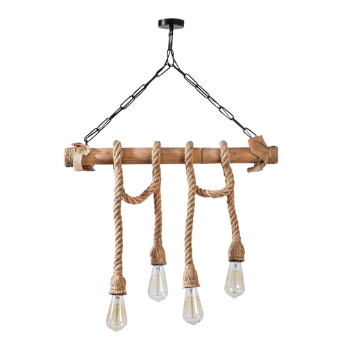 Loane - Suspension Rustique Filaire 4 Lampes Cordes Et Bois