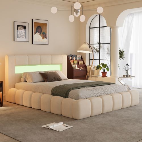 Omaha - Lit Nuage Coffre LED 140x190cm Velours Beige