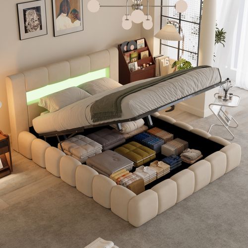 Omaha - Lit Nuage Coffre LED 160x200cm Velours Beige