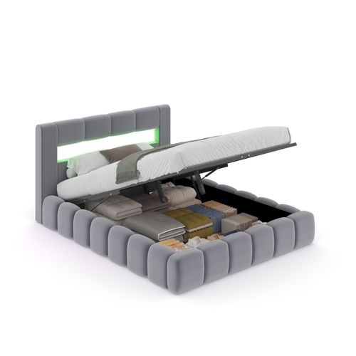 Omaha - Lit Nuage Coffre LED 140x190cm Velours Gris