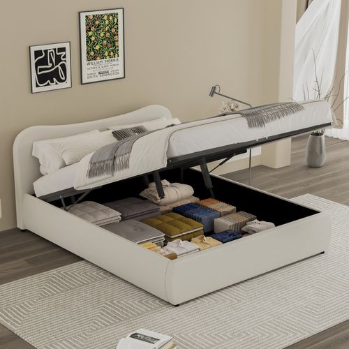 Plano - Lit Coffre 140x190cm Design Arrondi Velours Côtelé Beige