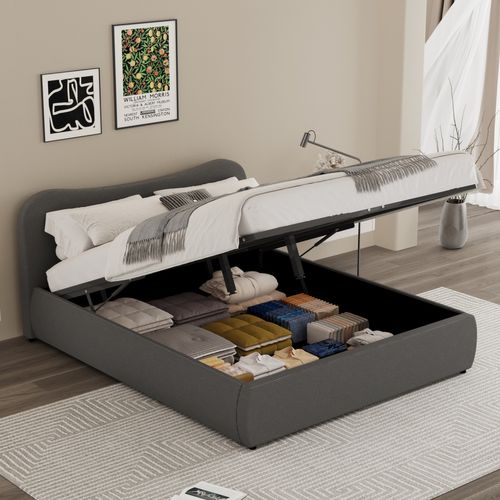 Plano - Lit Coffre 140x190cm Design Arrondi Velours Côtelé Gris