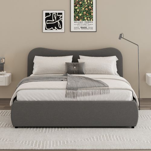 Plano - Lit Coffre 140x190cm Design Arrondi Velours Côtelé Gris