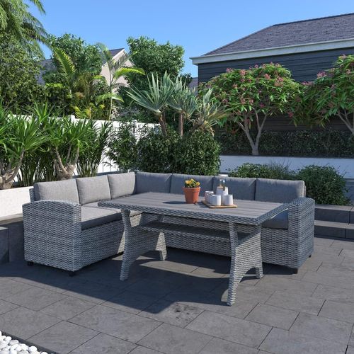 Tahaa - Salon De Jardin D'angle 6 Places En Résine Tressée Grise Avec Table