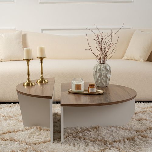 Xyn - Table Basse Ronde Podium Bois Noyer Et Blanc 90cm