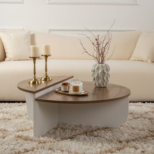 Xyn - Table Basse Ronde Podium Bois Noyer Et Blanc 90cm