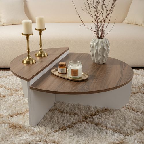 Xyn - Table Basse Ronde Podium Bois Noyer Et Blanc 90cm