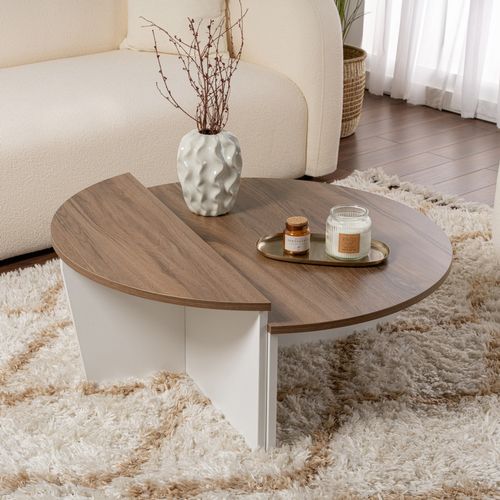Xyn - Table Basse Ronde Podium Bois Noyer Et Blanc 90cm