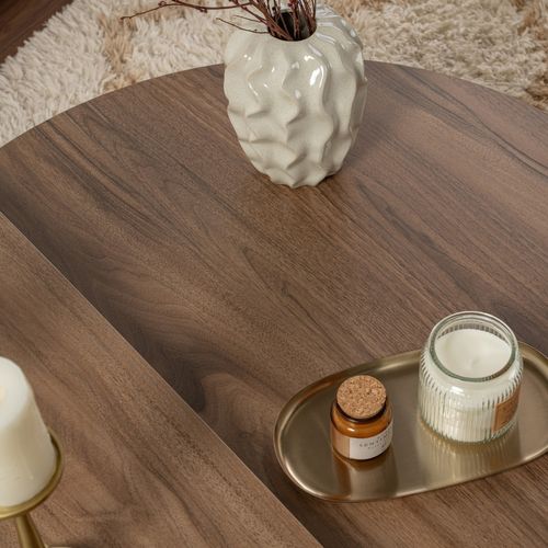 Xyn - Table Basse Ronde Podium Bois Noyer Et Blanc 90cm