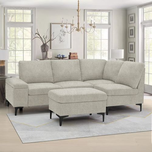 Colchester - Canapé D'angle 4/5 Places En Tissu Chenille Beige Avec Pouf