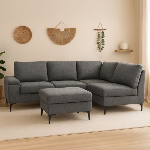 Colchester - Canapé D'angle 4-5 Places En Tissu Chenille Gris Anthracite Avec Pouf