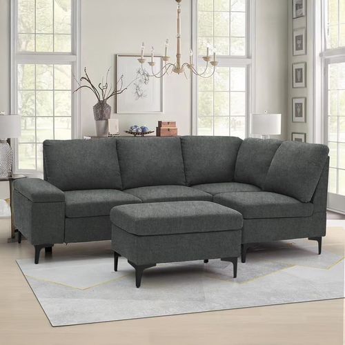 Colchester - Canapé D'angle 4-5 Places En Tissu Chenille Gris Anthracite Avec Pouf