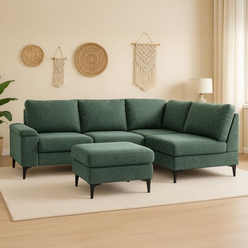 Colchester - Canapé D'angle 4/5 Places En Tissu Chenille Vert Avec Pouf Et Espace De Rangement