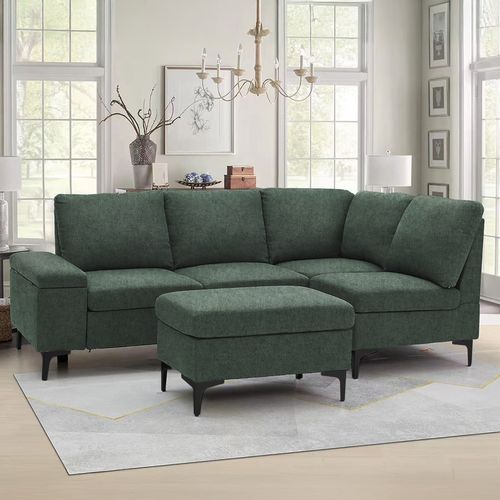 Colchester - Canapé D'angle 4/5 Places En Tissu Chenille Vert Avec Pouf Et Espace De Rangement