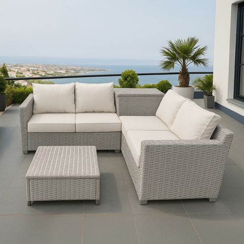 Abacos - Salon De Jardin D'angle 4 Places En Résine Tressée Avec Coffre De Rangement Gris Et Beige