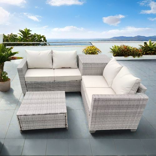 Abacos - Salon De Jardin D'angle 4 Places En Résine Tressée Avec Coffre De Rangement Gris Et Beige