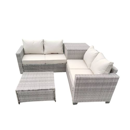 Abacos - Salon De Jardin D'angle 4 Places En Résine Tressée Avec Coffre De Rangement Gris Et Beige