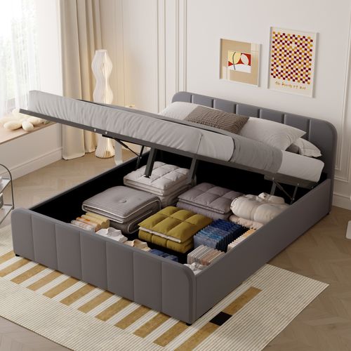 Tampa - Lit Avec Coffre De Rangement 140x190cm En Velours Gris