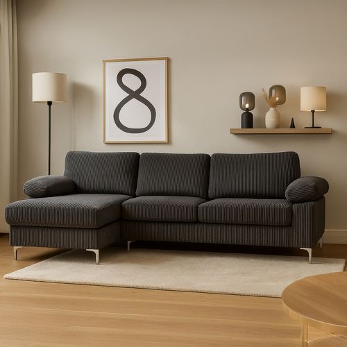 Galway - Canapé D'angle 4-5 Places Méridienne Gauche Velours Côtelé Gris Anthracite