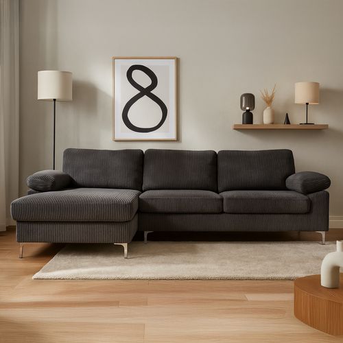 Galway - Canapé D'angle 4-5 Places Méridienne Gauche Velours Côtelé Gris Anthracite