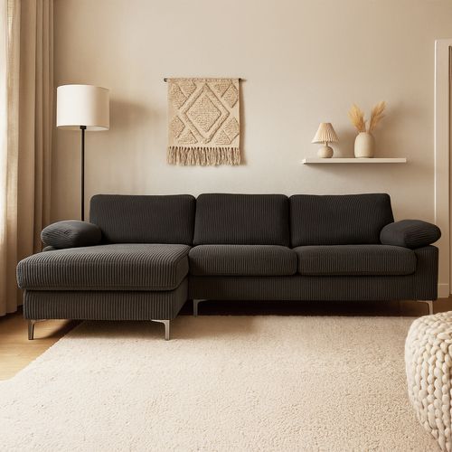 Galway - Canapé D'angle 4-5 Places Méridienne Gauche Velours Côtelé Gris Anthracite