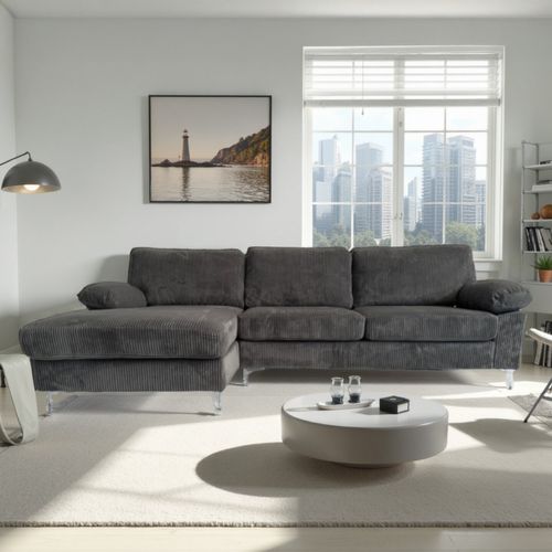 Galway - Canapé D'angle 4-5 Places Méridienne Gauche Velours Côtelé Gris Anthracite