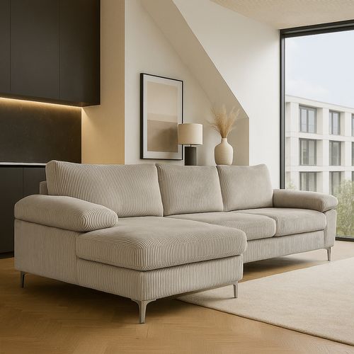 Galway - Canapé D'angle 4-5 Places Méridienne Gauche Velours Côtelé Beige