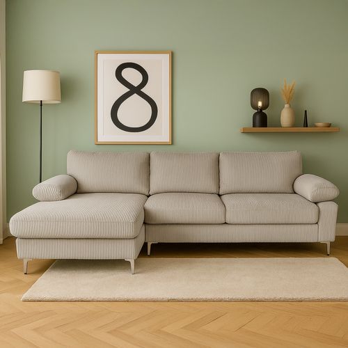 Galway - Canapé D'angle 4-5 Places Méridienne Gauche Velours Côtelé Beige