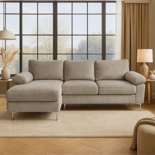 Galway - Canapé D'angle 4-5 Places Méridienne Gauche Velours Côtelé Beige