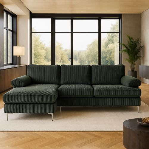 Galway - Canapé D'angle 4-5 Places Méridienne Gauche Velours Côtelé Vert