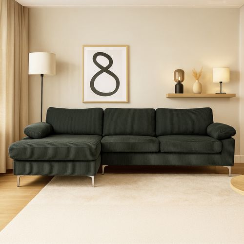 Galway - Canapé D'angle 4-5 Places Méridienne Gauche Velours Côtelé Vert