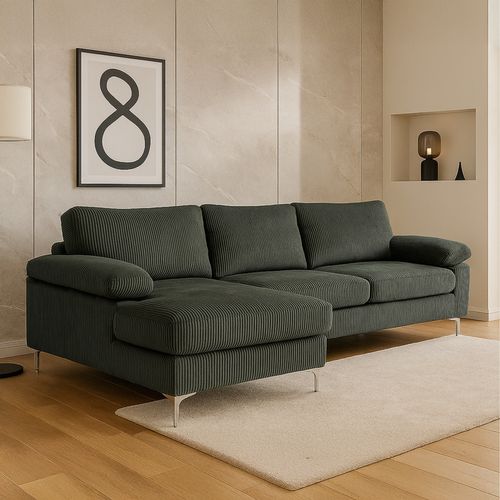 Galway - Canapé D'angle 4-5 Places Méridienne Gauche Velours Côtelé Vert