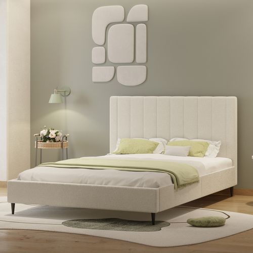 Cambridge - Lit Bouclette 160x200cm Beige Avec Tête De Lit Et Sommier