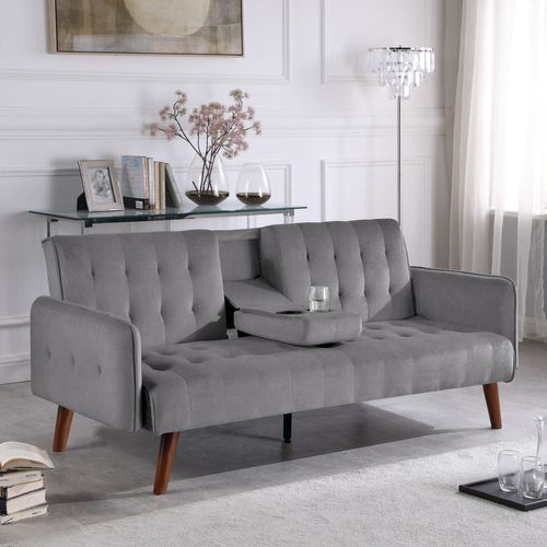 Inverness - Canapé 3 Places Convertible En Velours Avec Tablette Centrale Rabattable Gris