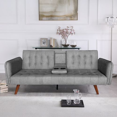 Inverness - Canapé 3 Places Convertible En Velours Avec Tablette Centrale Rabattable Gris