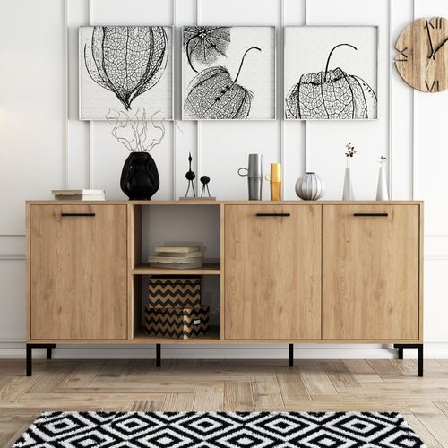 Cara - Buffet 3 Portes Et 2 Niches Finition Bois Et Métal Noir 180x80cm
