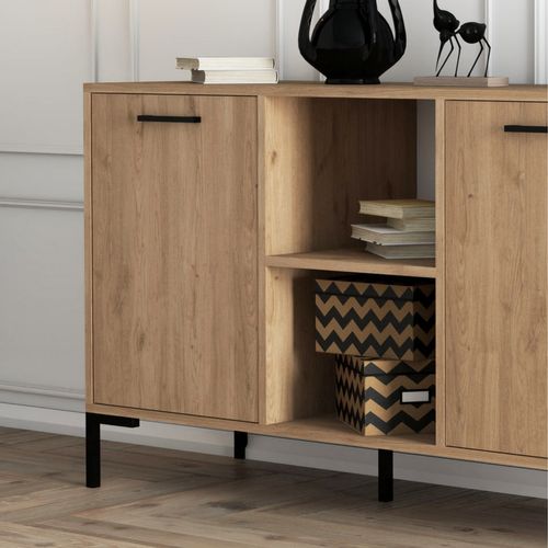 Cara - Buffet 3 Portes Et 2 Niches Finition Bois Et Métal Noir 180x80cm