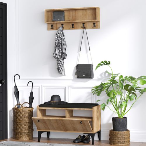 Luana - Meuble D'entrée Avec Meuble à Chaussures Banquette Et Vestiaire Mural En Bois