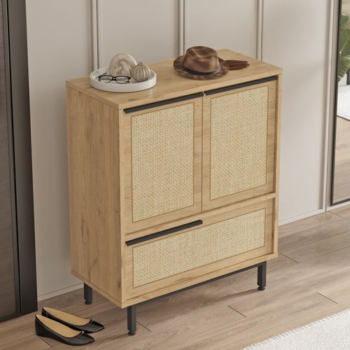 Aba - Meuble à Chaussures 3 Portes Finition Bois Et Tressage Effet Cannage 75x90cm