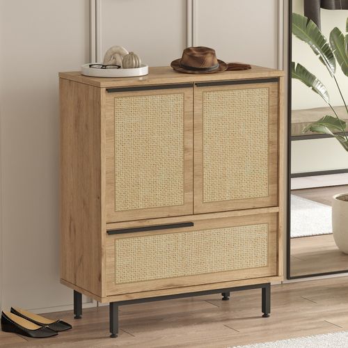 Aba - Meuble à Chaussures 3 Portes Finition Bois Et Tressage Effet Cannage 75x90cm