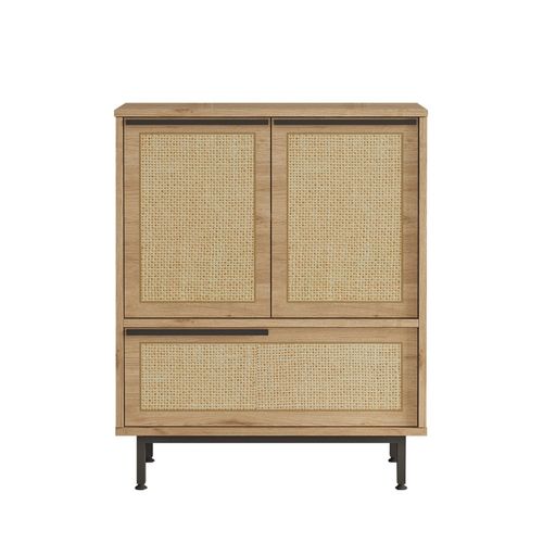 Aba - Meuble à Chaussures 3 Portes Finition Bois Et Tressage Effet Cannage 75x90cm