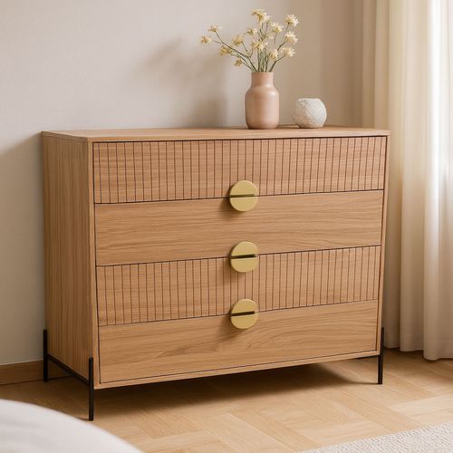 Vallo - Commode 4 Tiroirs Décor Bois Rainuré Et Poignées Dorées 84cm