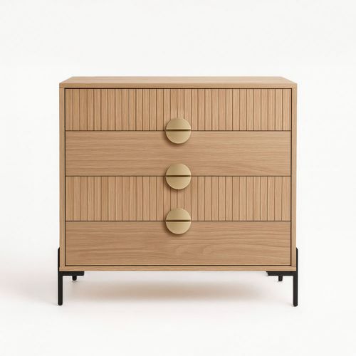 Vallo - Commode 4 Tiroirs Décor Bois Rainuré Et Poignées Dorées 84cm