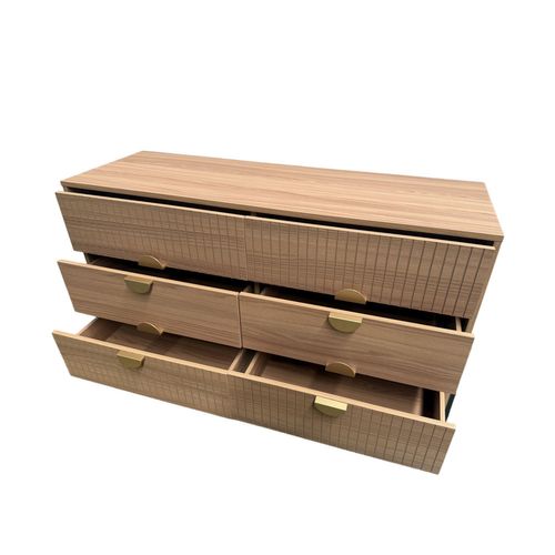 Vallo - Commode 6 Tiroirs Décor Bois Rainuré Et Poignées Dorées 124cm