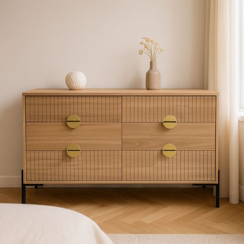 Vallo - Commode 6 Tiroirs Décor Bois Rainuré Et Poignées Dorées 124cm