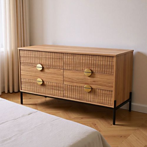 Vallo - Commode 6 Tiroirs Décor Bois Rainuré Et Poignées Dorées 124cm