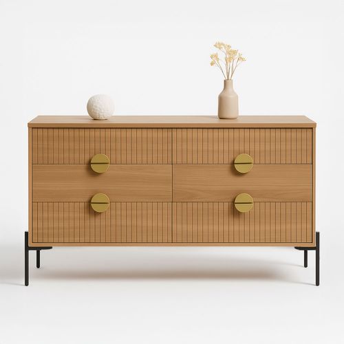 Vallo - Commode 6 Tiroirs Décor Bois Rainuré Et Poignées Dorées 124cm