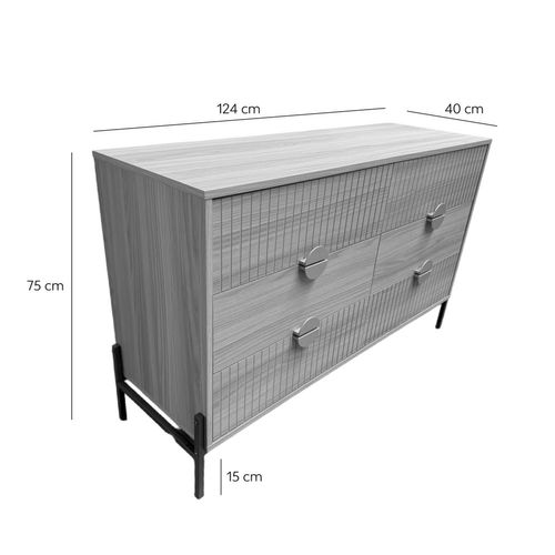 Vallo - Commode 6 Tiroirs Décor Bois Rainuré Et Poignées Dorées 124cm