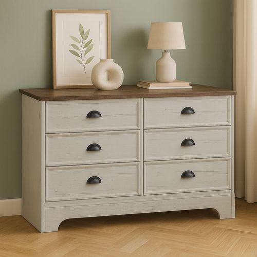 Valla - Commode 6 Tiroirs Blanc Et Bois 120cm